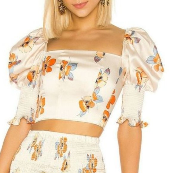 NICHOLAS Tops - Womens Nicholas Beige Orange Floral Puff Sleeve Cropped Blouse Top 2 *